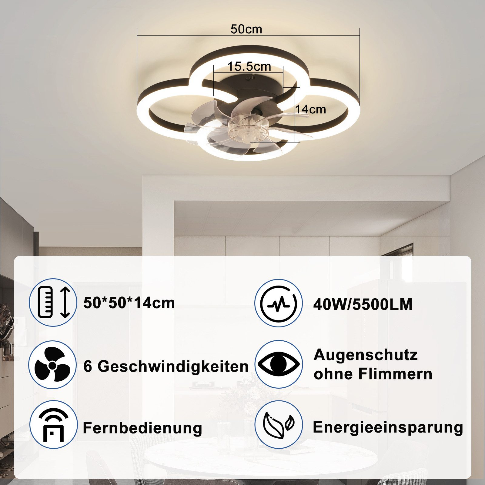 Ventilatore da soffitto a trifoglio, dimensioni, 40W/5500LM, 6 velocità e telecomando. Protezione occhi.