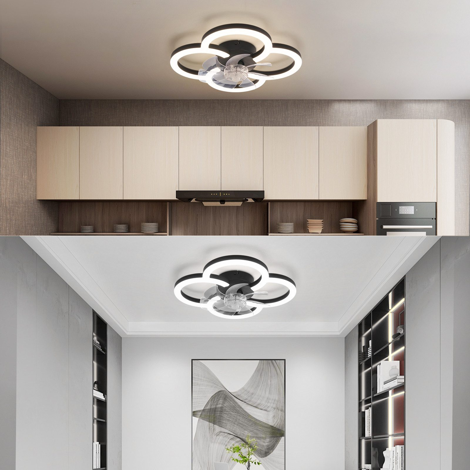 Due immagini che mostrano ventilatori da soffitto in diversi ambienti interni. Sono visibili armadi e arte incorniciata.