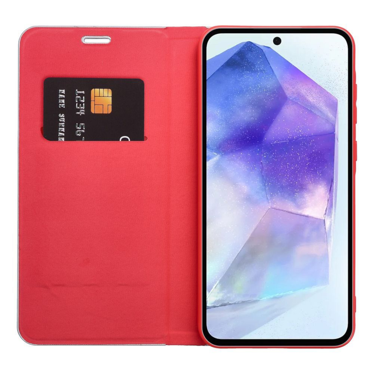 Rote Handyhülle offen, mit Karte und Telefonbildschirm mit lila Kristall.