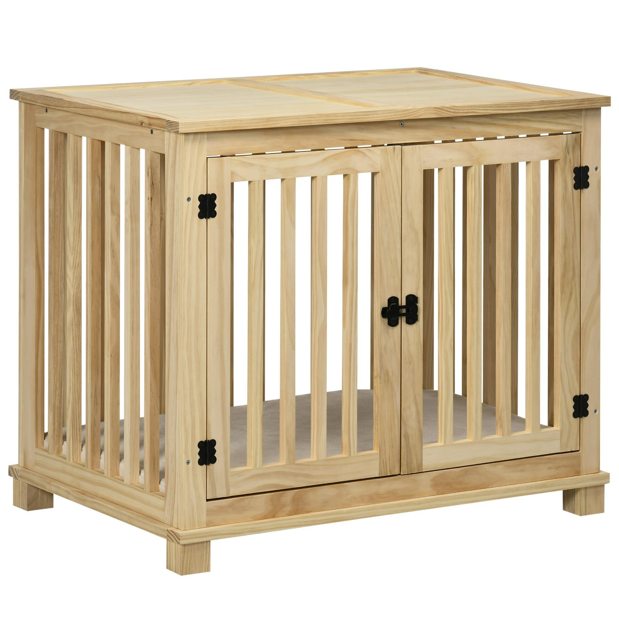 Hunde-Transportbox aus Holz mit geschlossener Fronttür, vertikalen Stäben und flacher Oberseite.