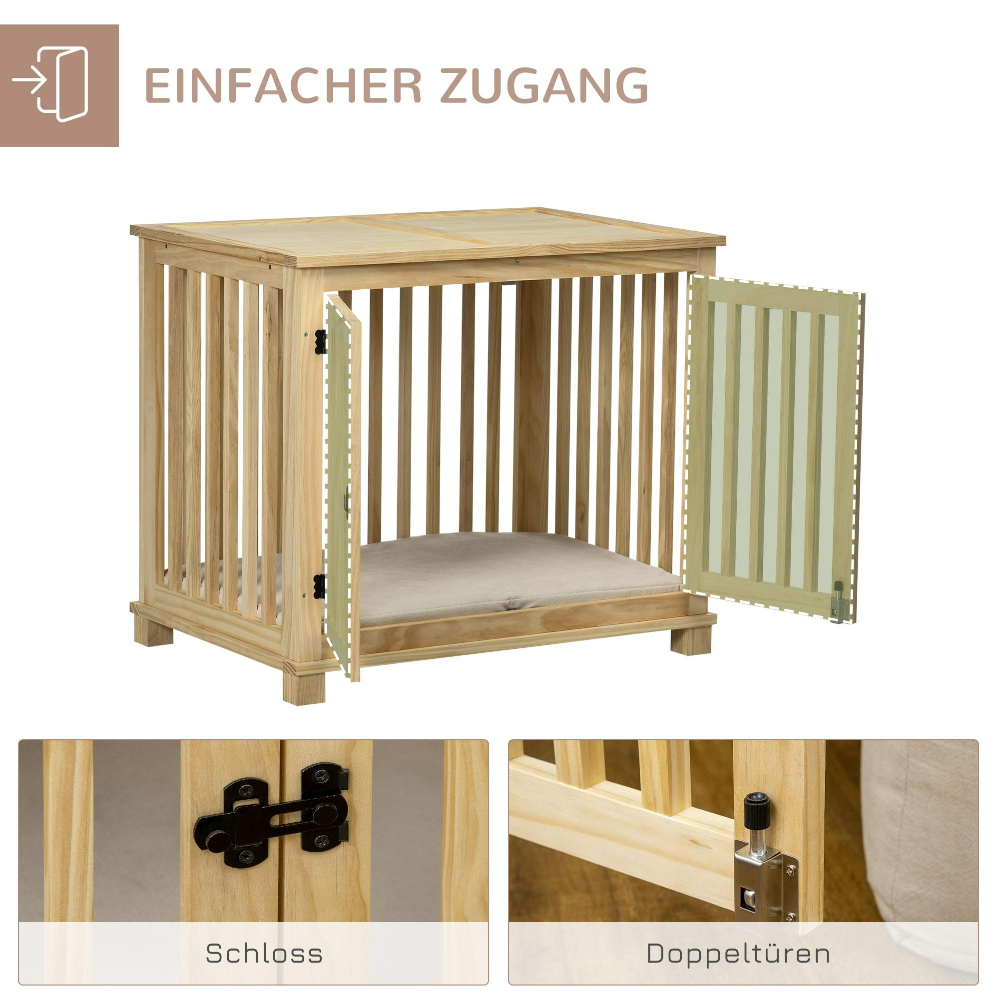 Hundekäfig aus Holz mit offenen Türen, zwei Riegeln und einem beigen Kissen.