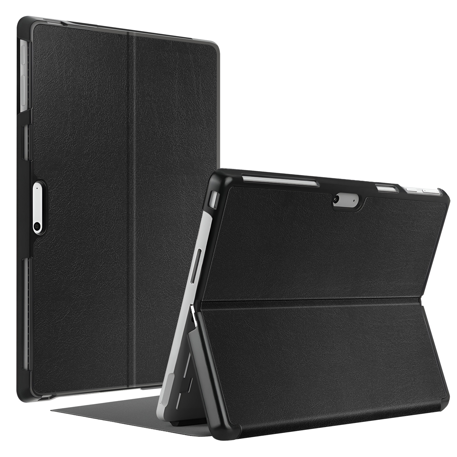 Custodia per tablet nera, chiusa con due tablet impilati. Uno aperto, uno chiuso.
