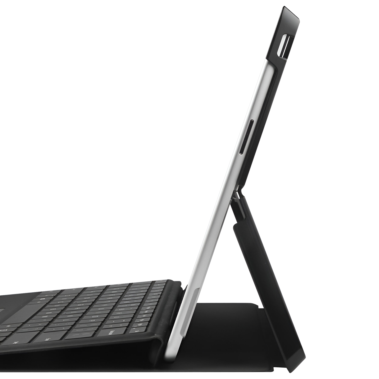 Tablet con custodia per tastiera, appoggiato su una scrivania, con sfondo bianco.