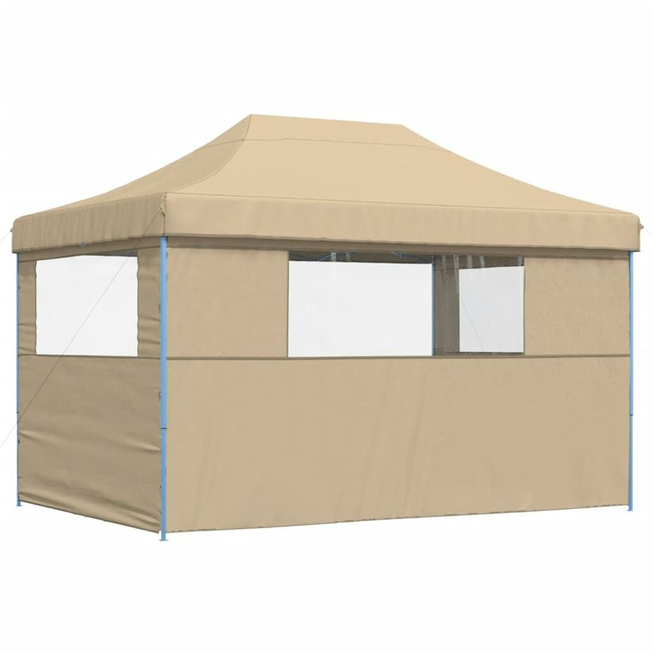 Beige Markise mit Fenstern, blauem Rahmen, von vorne gesehen, auf weißem Hintergrund.