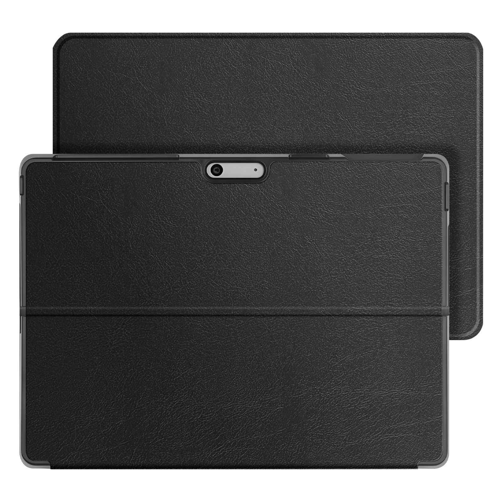 Custodia nera per tablet con ritaglio per fotocamera, con un'altra custodia sopra.