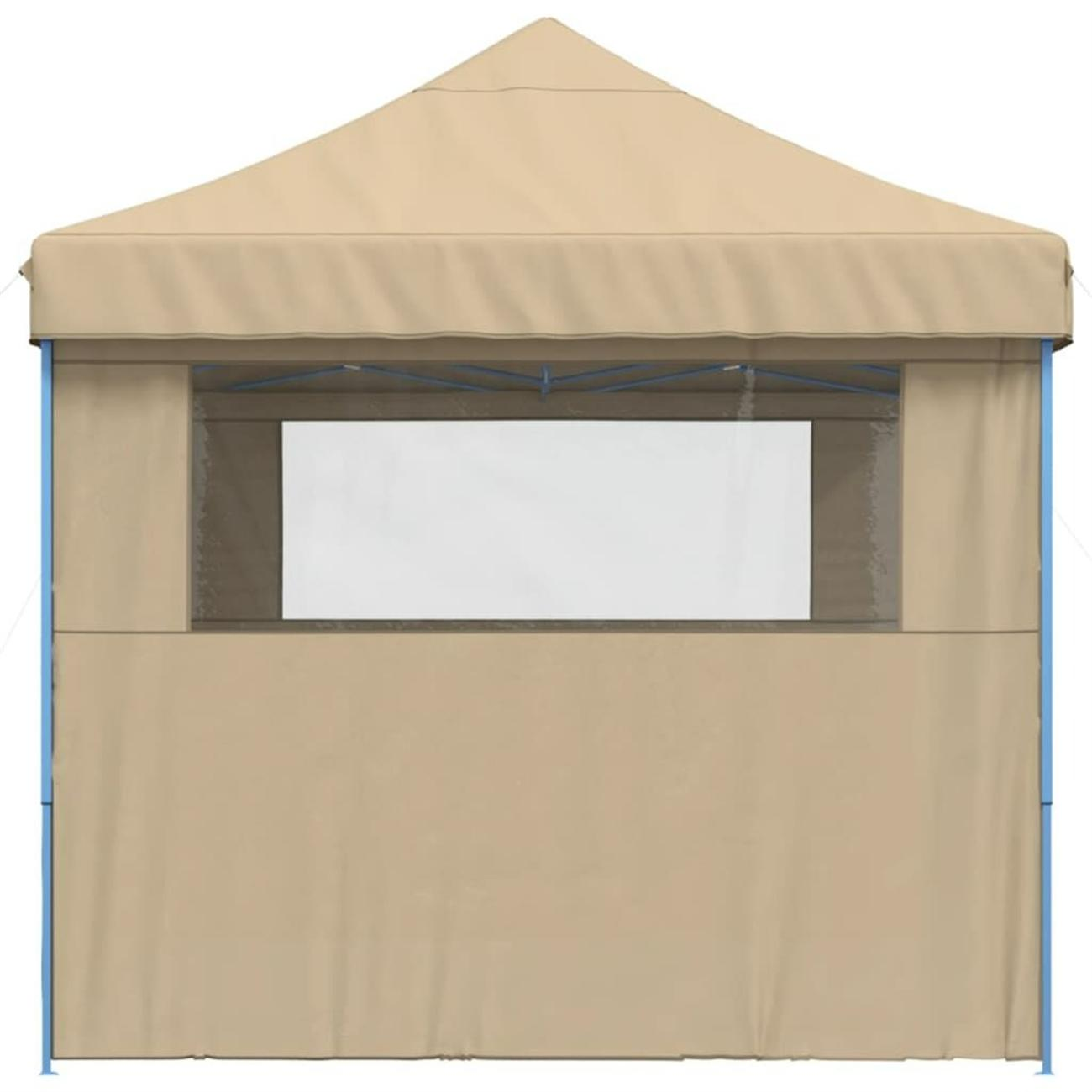 Beige Außenzelt mit blauem Rahmen. Es hat ein Fenster mit durchsichtiger Abdeckung.