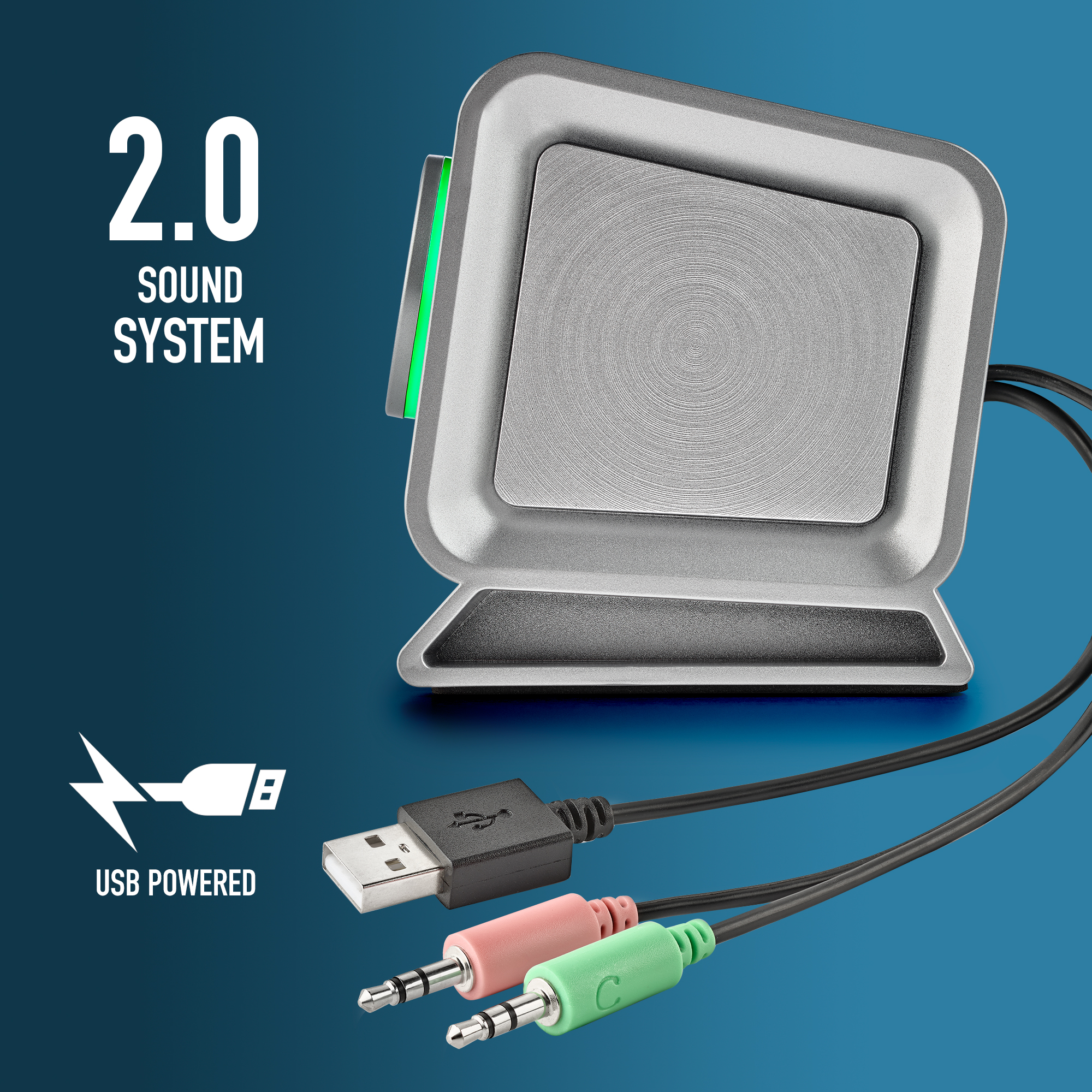 Un sistema audio argentato con tre spine collegate a una porta USB.