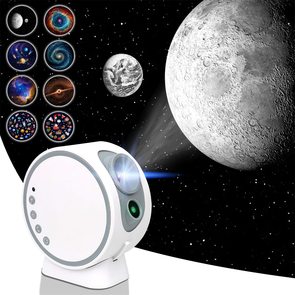 Weißer Projektor, der einen Nebel und den Mond anzeigt, mit verschiedenen Filmdiskettenoptionen.