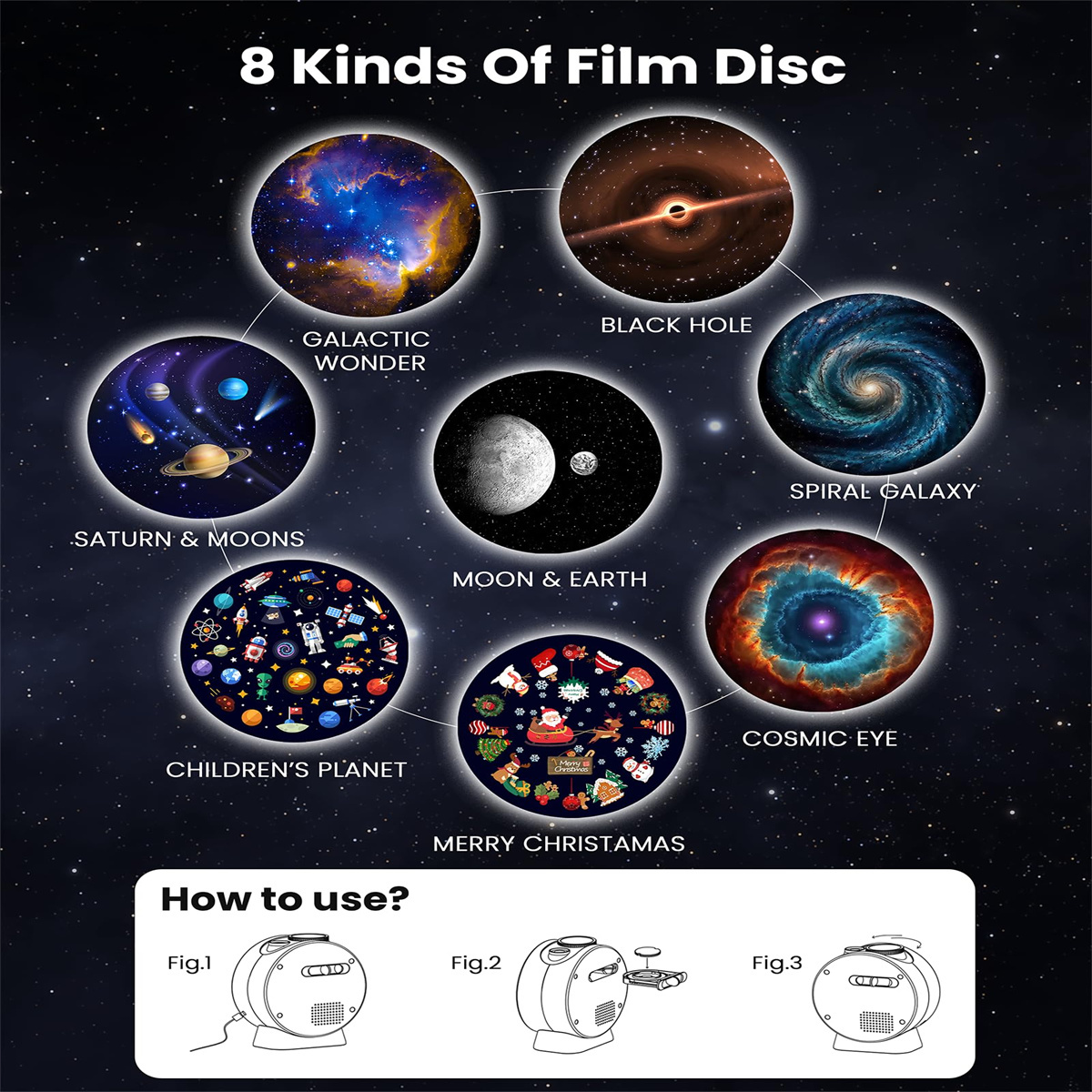 Acht Filmdiskoptionen, darunter eine Galaxie, ein Schwarzes Loch und weihnachtliche Bilder.