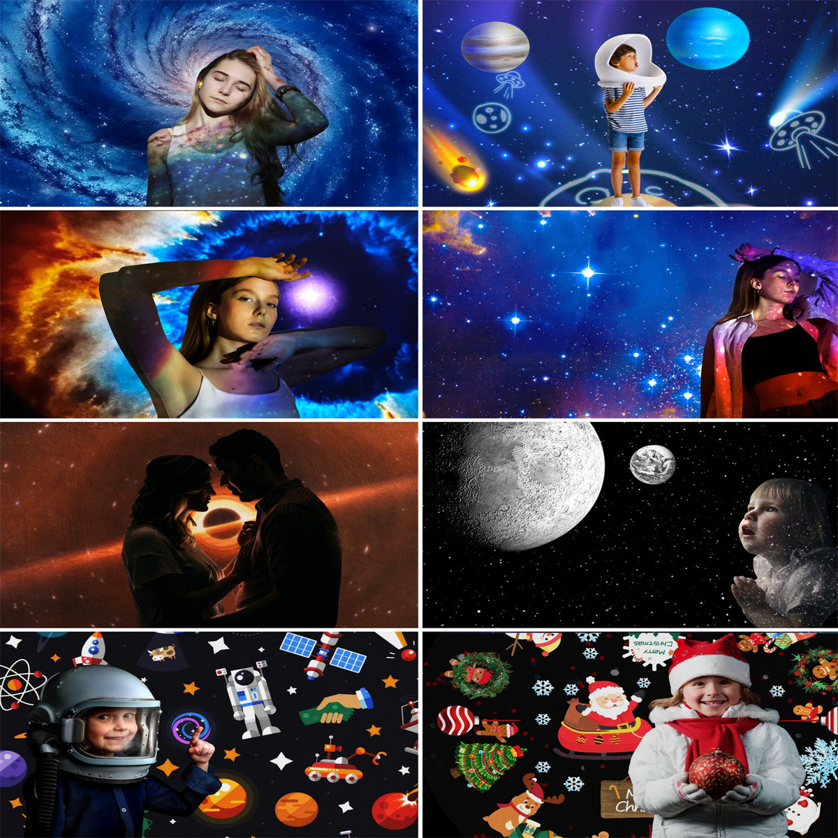 Eine Collage von Bildern mit Weltraumthemen, einschließlich Menschen und Himmelskörpern.