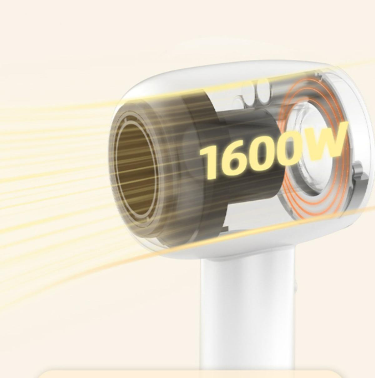 Ein Föhn mit 1600W Leistung, der die inneren Komponenten und den Luftstrom zeigt.