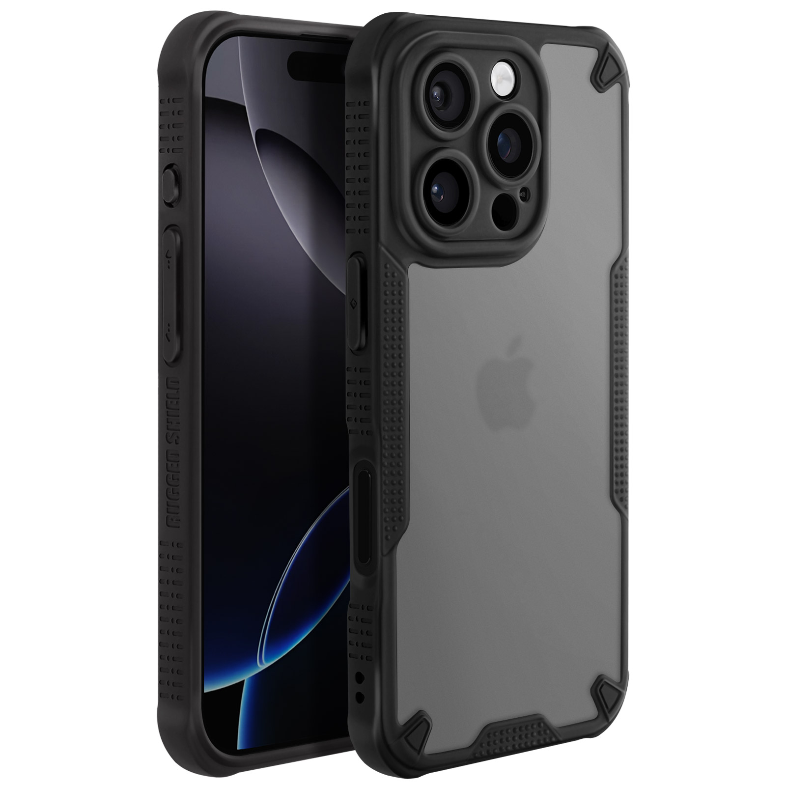 Un telefono nero con una custodia protettiva. La custodia è nera e grigia, con un ritaglio per la fotocamera.