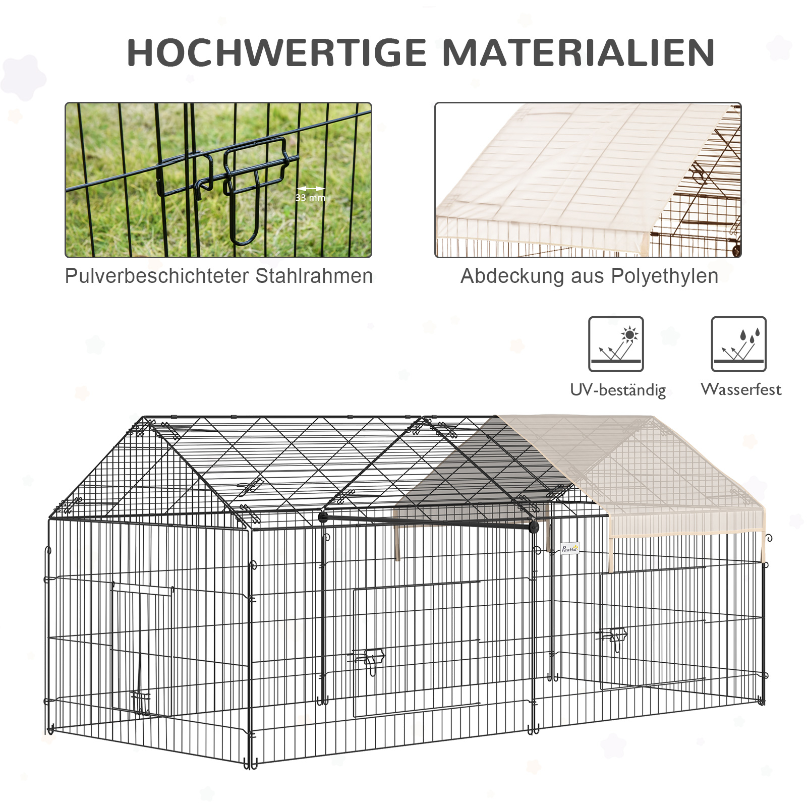 Nahaufnahme der Merkmale des Haustiergeheges, einschließlich Stahlrahmen und Dachabdeckung.