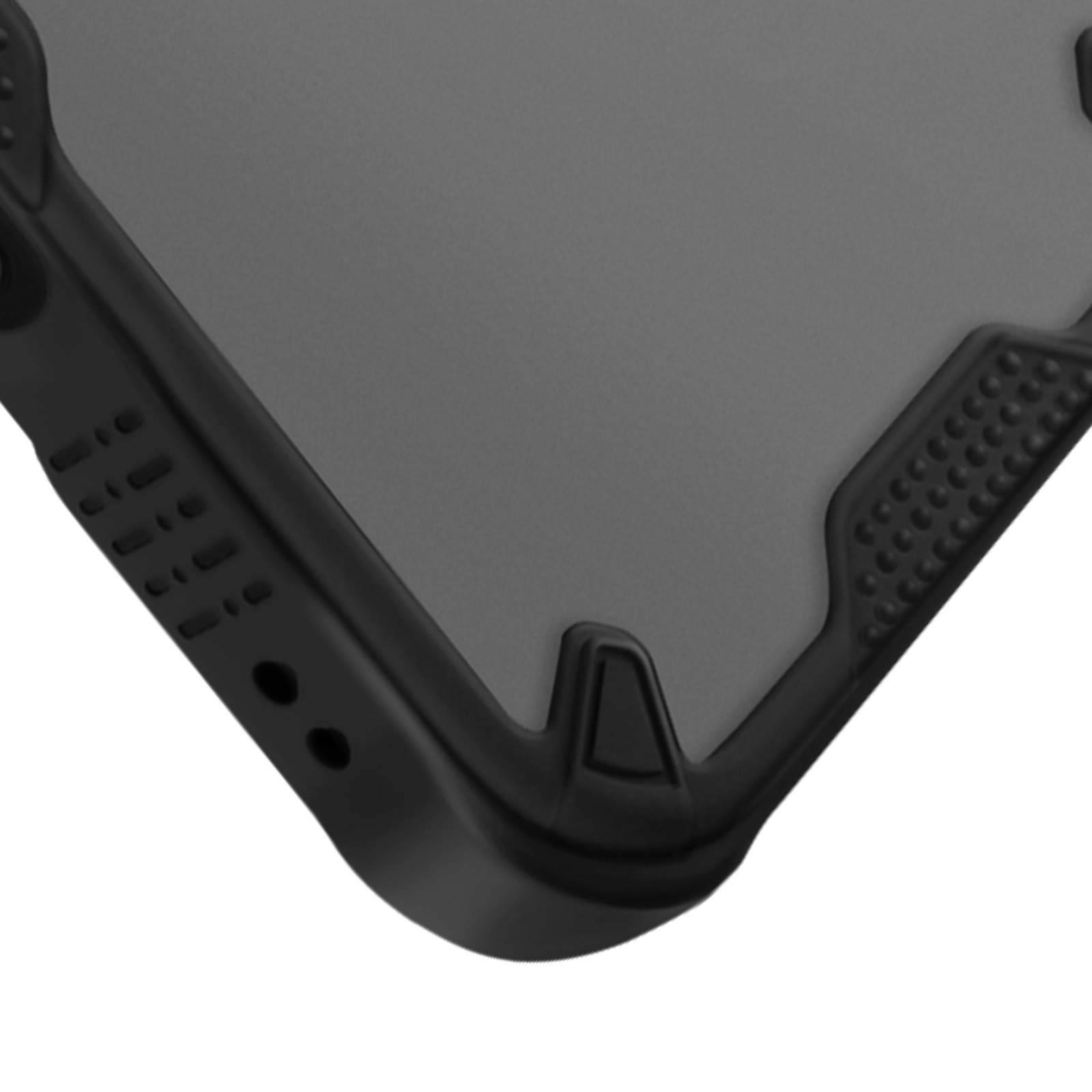 Dettaglio ravvicinato di un angolo della custodia del telefono. Design nero e grigio strutturato visibile.