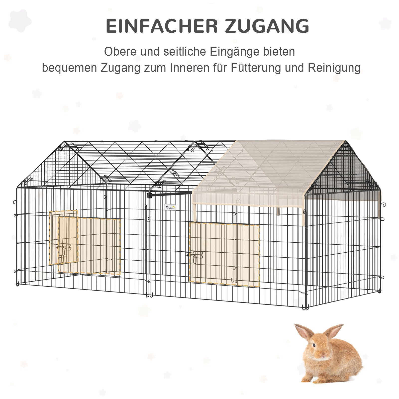 Ein schwarzes Metall-Haustiergehege mit beigem Dach. Ein braunes Kaninchen sitzt im Vordergrund.
