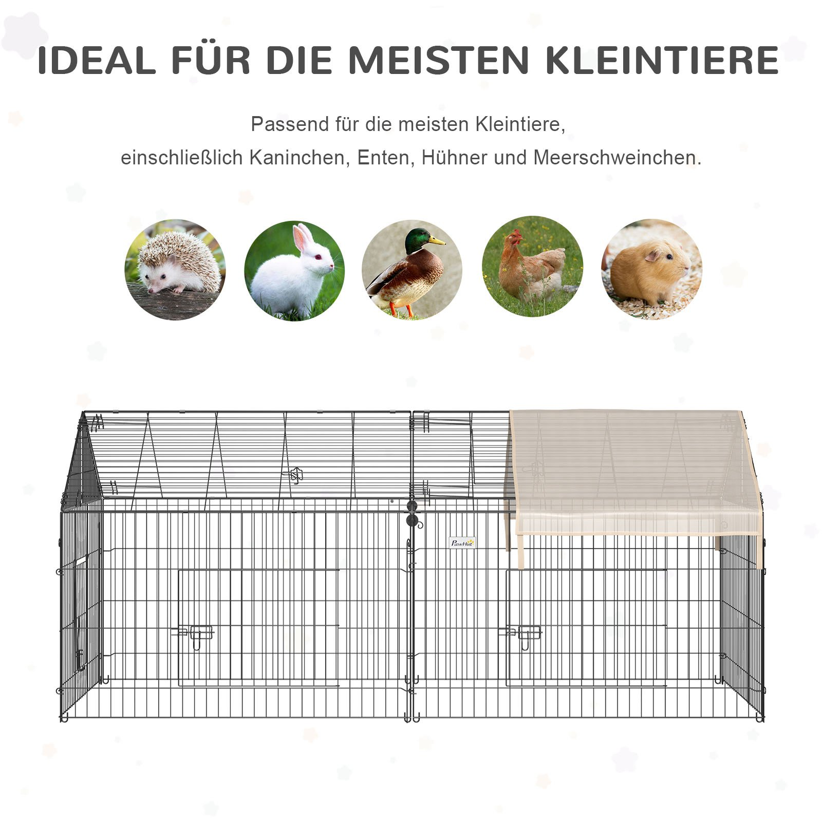 Ein schwarzes Haustiergehege mit Tiersilhouetten und braunem Dach. Text auf Deutsch.