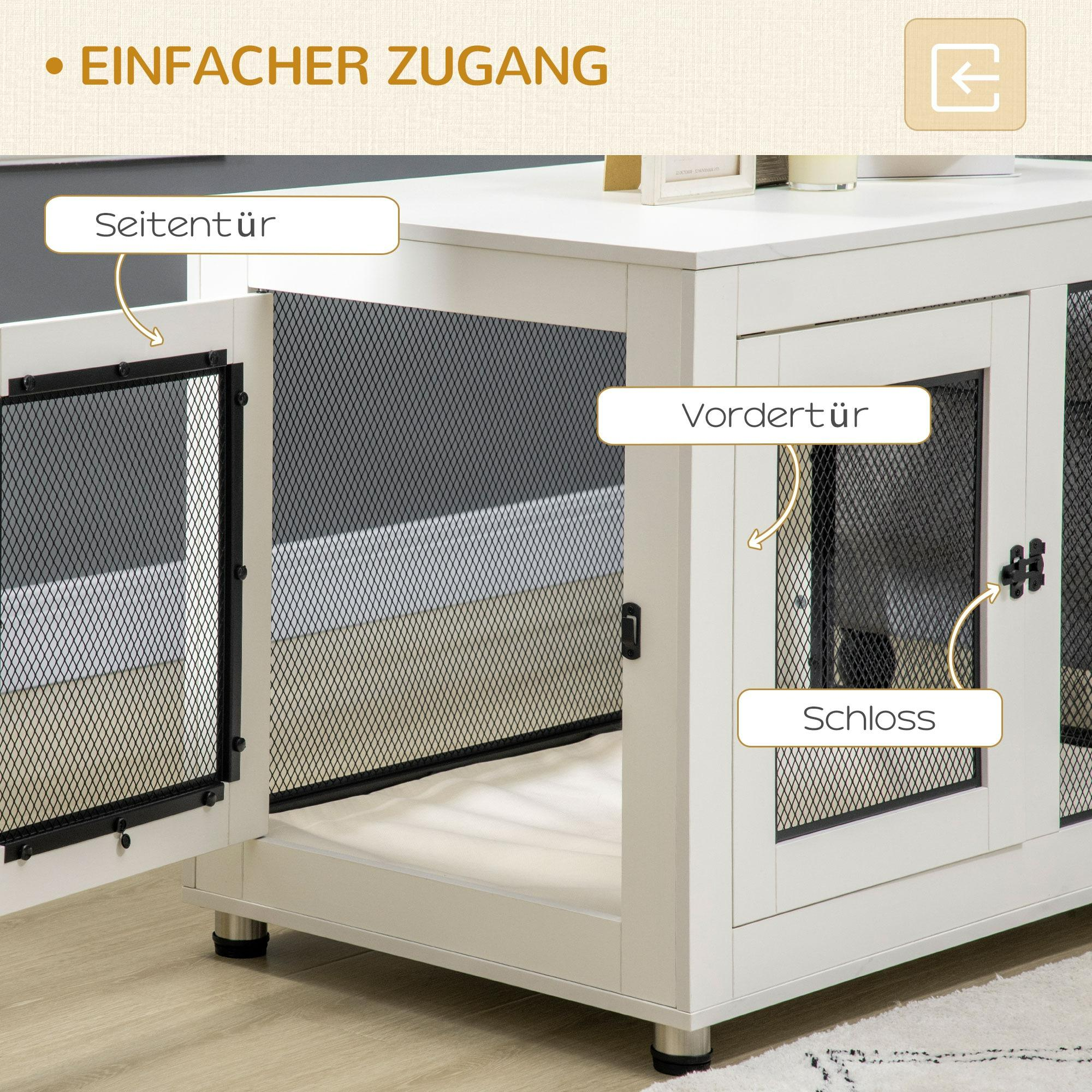 Weißes Haustiermöbel mit schwarzen Netztüren. Text beschriftet Seitentür, Vordertür und Schloss.