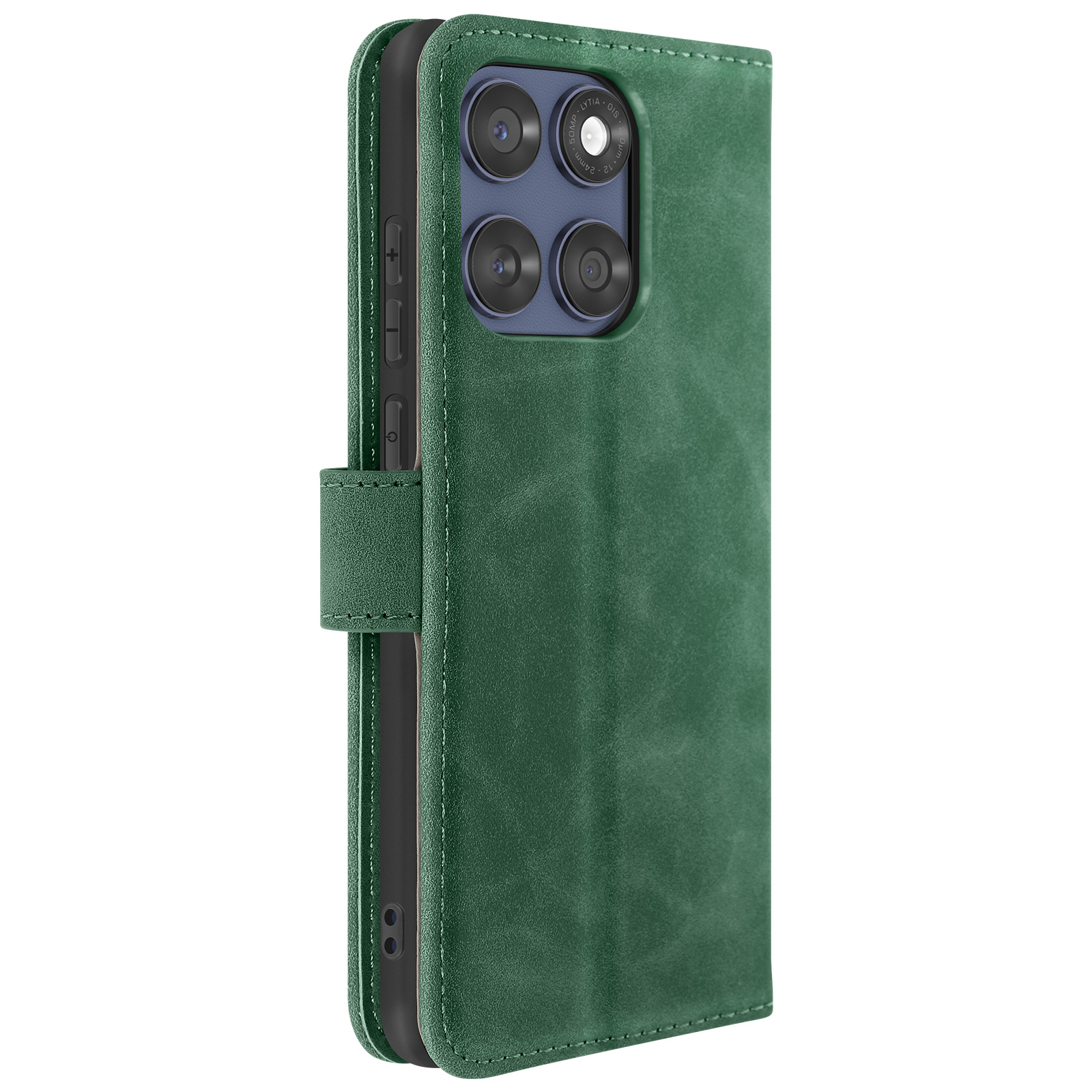 Custodia per telefono in pelle verde con chiusura magnetica, che copre un telefono. Dettagli in primo piano.