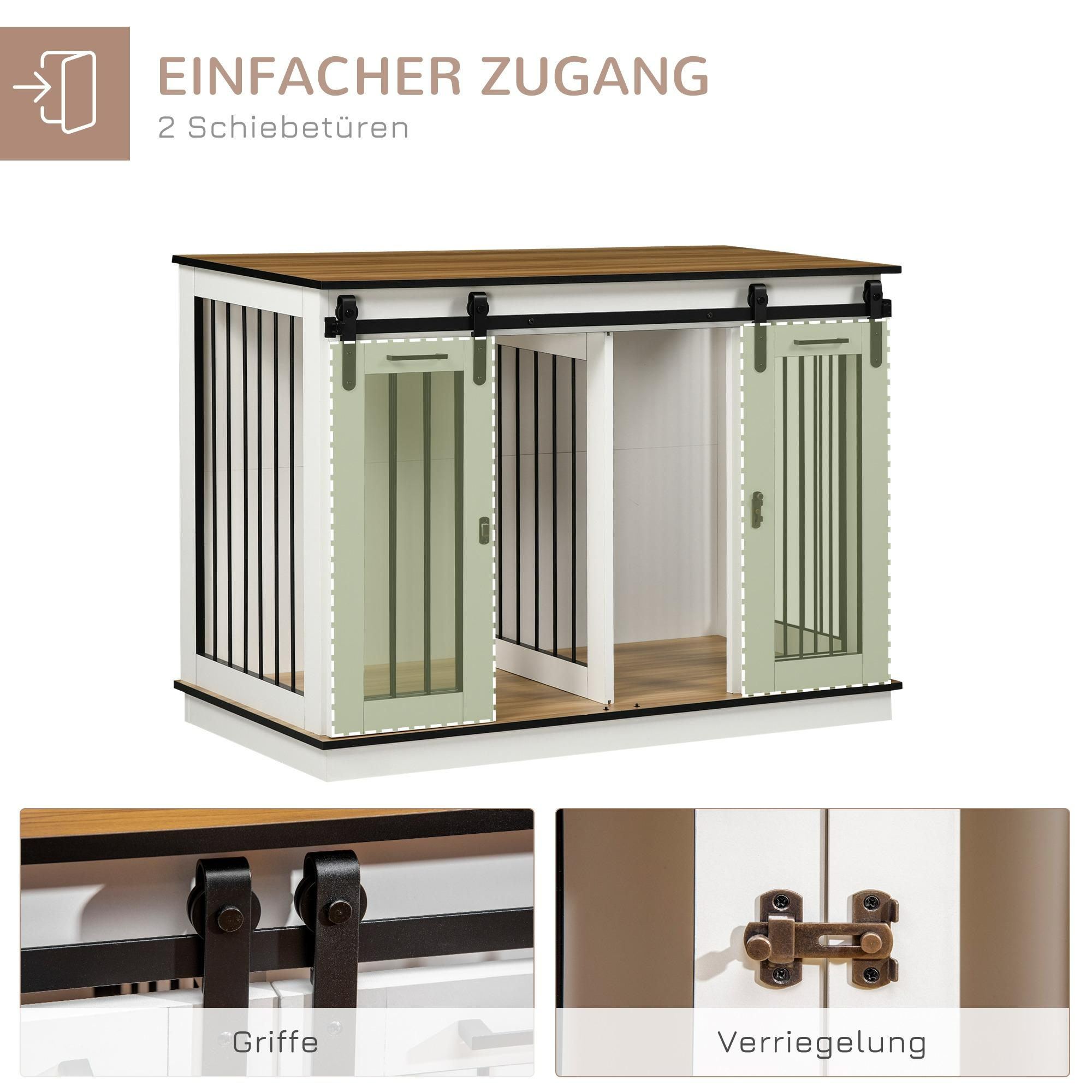 Ein weißes und braunes Haustierhaus mit grünen Schiebetüren. Nahaufnahme der Türdetails.