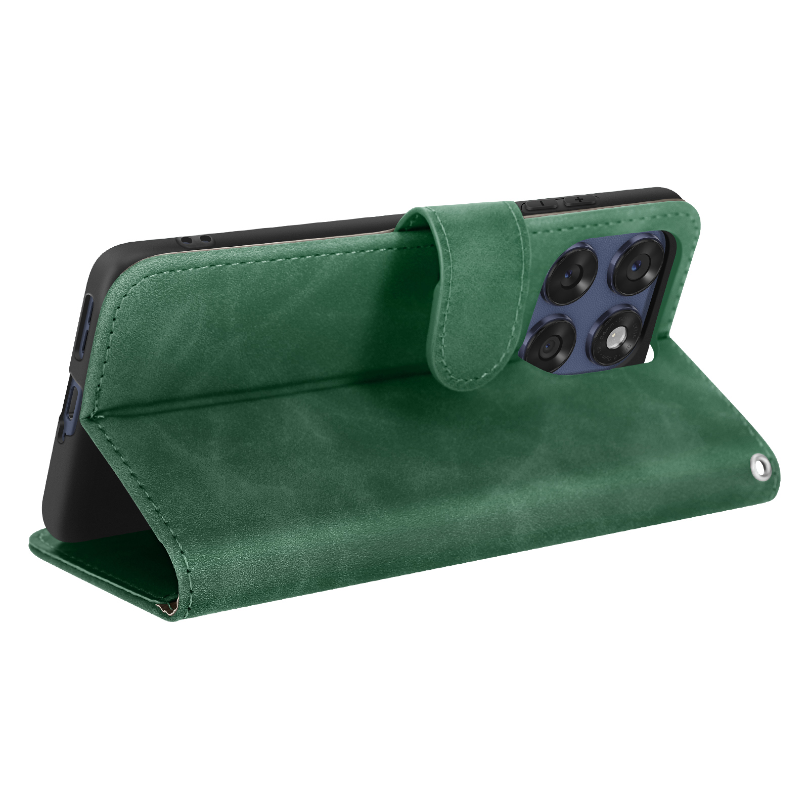 Custodia verde per telefono con telefono all'interno, aperta per mostrare l'alloggiamento della fotocamera e lo schermo.