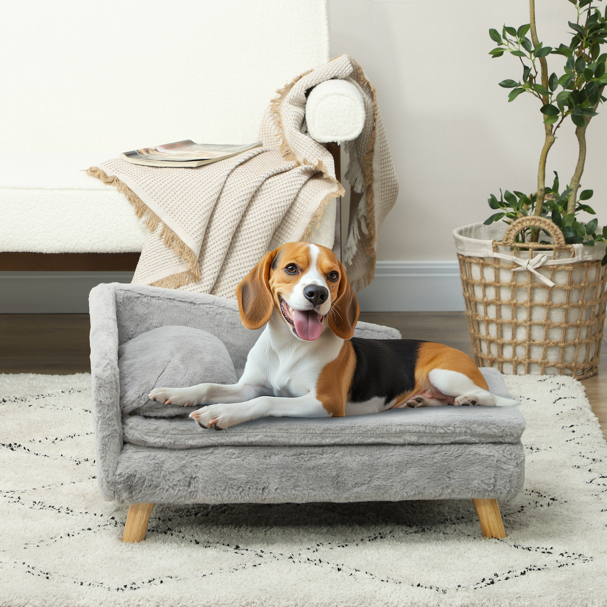Ein Beagle-Hund liegt auf einem grauen Hundebett mit einem Kissen. Im Hintergrund befinden sich ein Teppich und ein Korb.