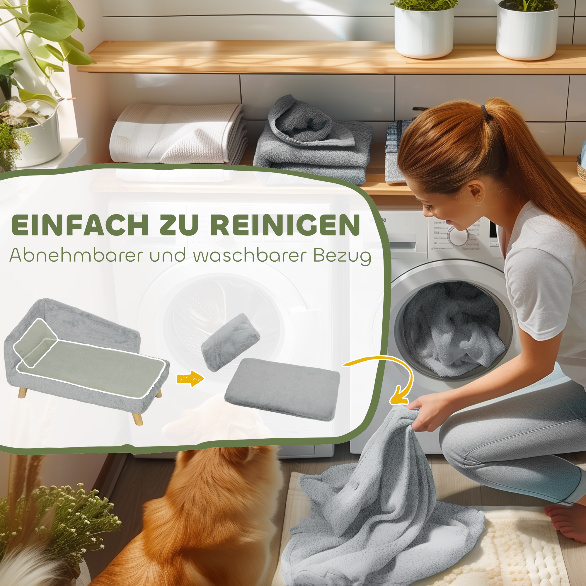 Eine Frau wäscht einen grauen Hundebettbezug. Ein Hund schaut zu. Text: Leicht zu reinigen, abnehmbarer und waschbarer Bezug.