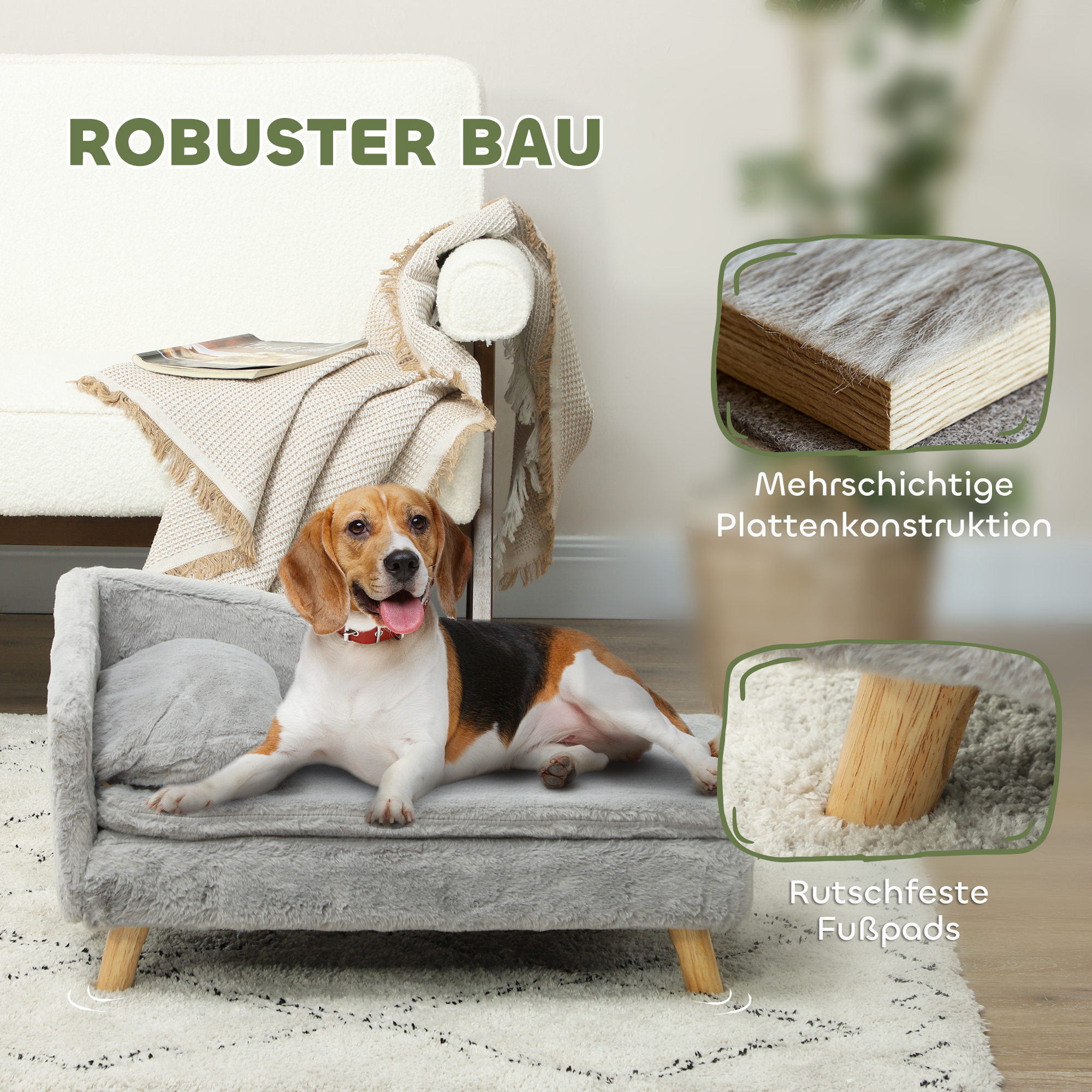 Ein Hund auf einem grauen Hundebett, mit Text über die Merkmale des Bettes, vor einer weißen Couch.