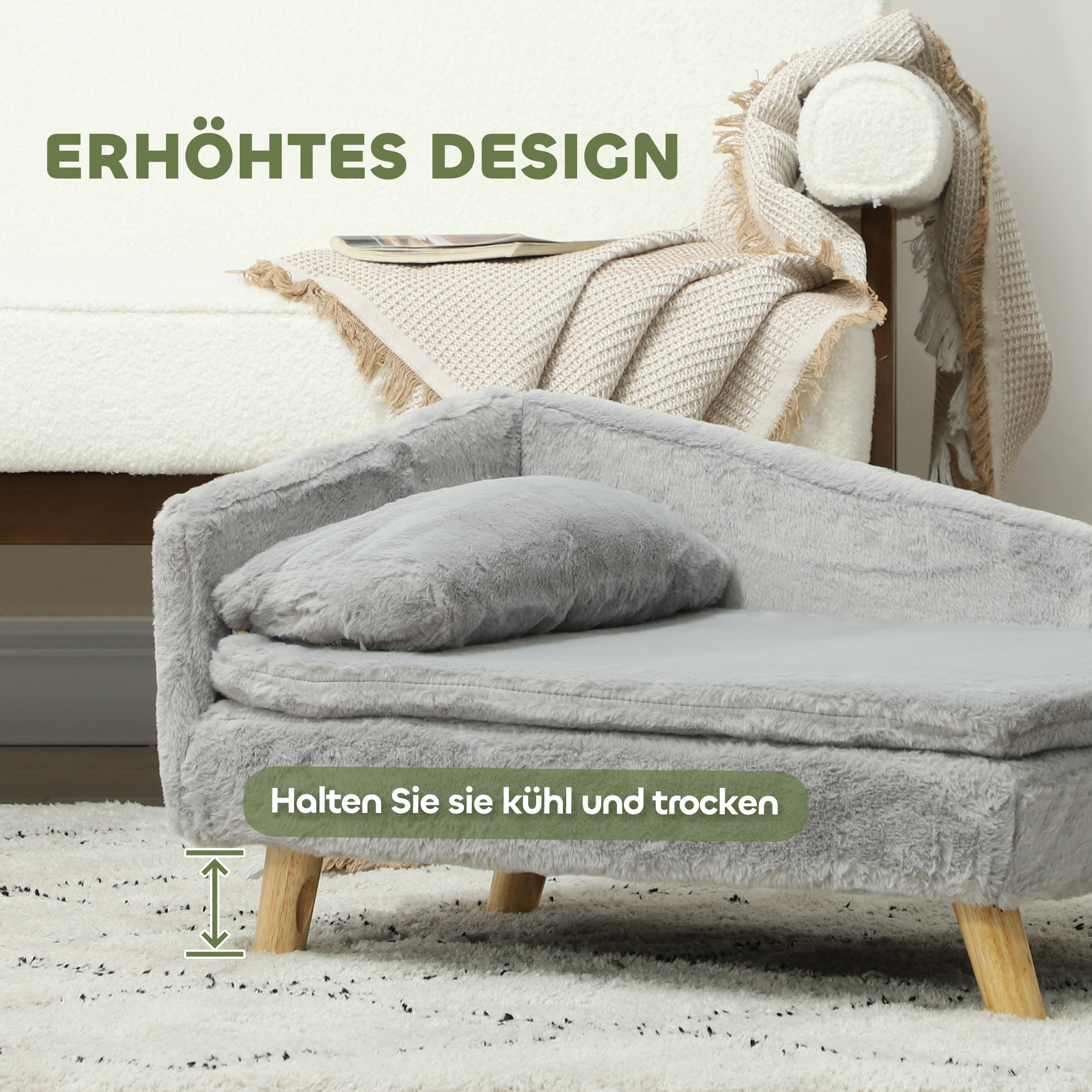 Graues Hundebett mit Kissen. Text: Halten Sie sie kühl und trocken. Das Bett hat Holzbeine auf einem weißen Teppich.