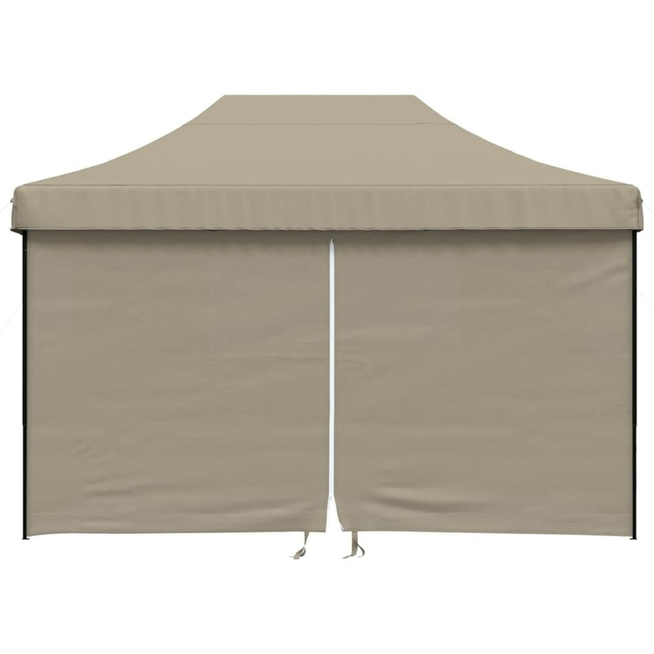 Beiges Outdoor-Zelt mit offenen Seiten. Der Hintergrund ist weiß. Der Rahmen ist schwarz.