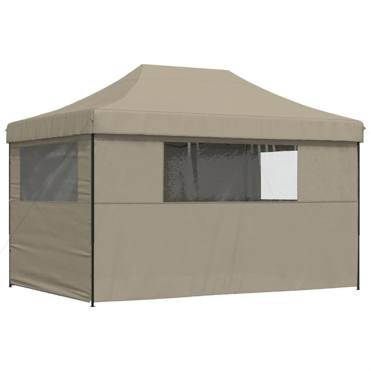 Beiger Outdoor-Pavillon mit Fenstern. Es hat eine rechteckige Form mit flachem Dach.