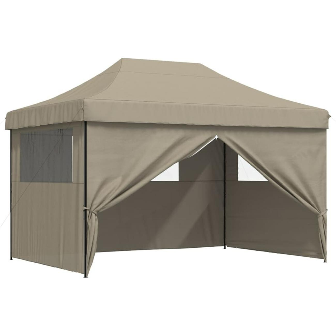 Beiger Outdoor-Pavillon mit offener Front. Es hat eine rechteckige Form mit flachem Dach.