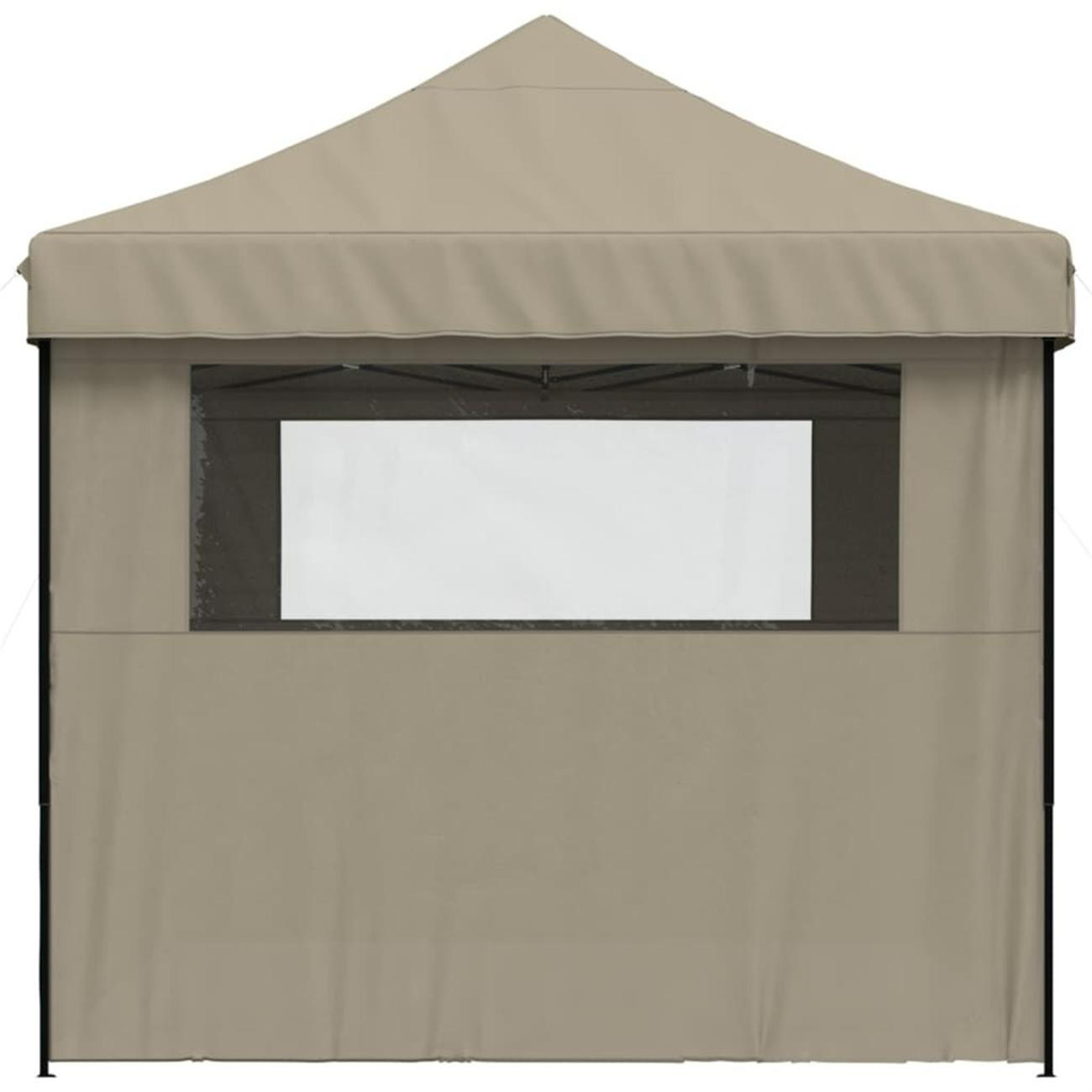 Ein beigefarbener Pop-up-Pavillon mit einem weißen Fenster.