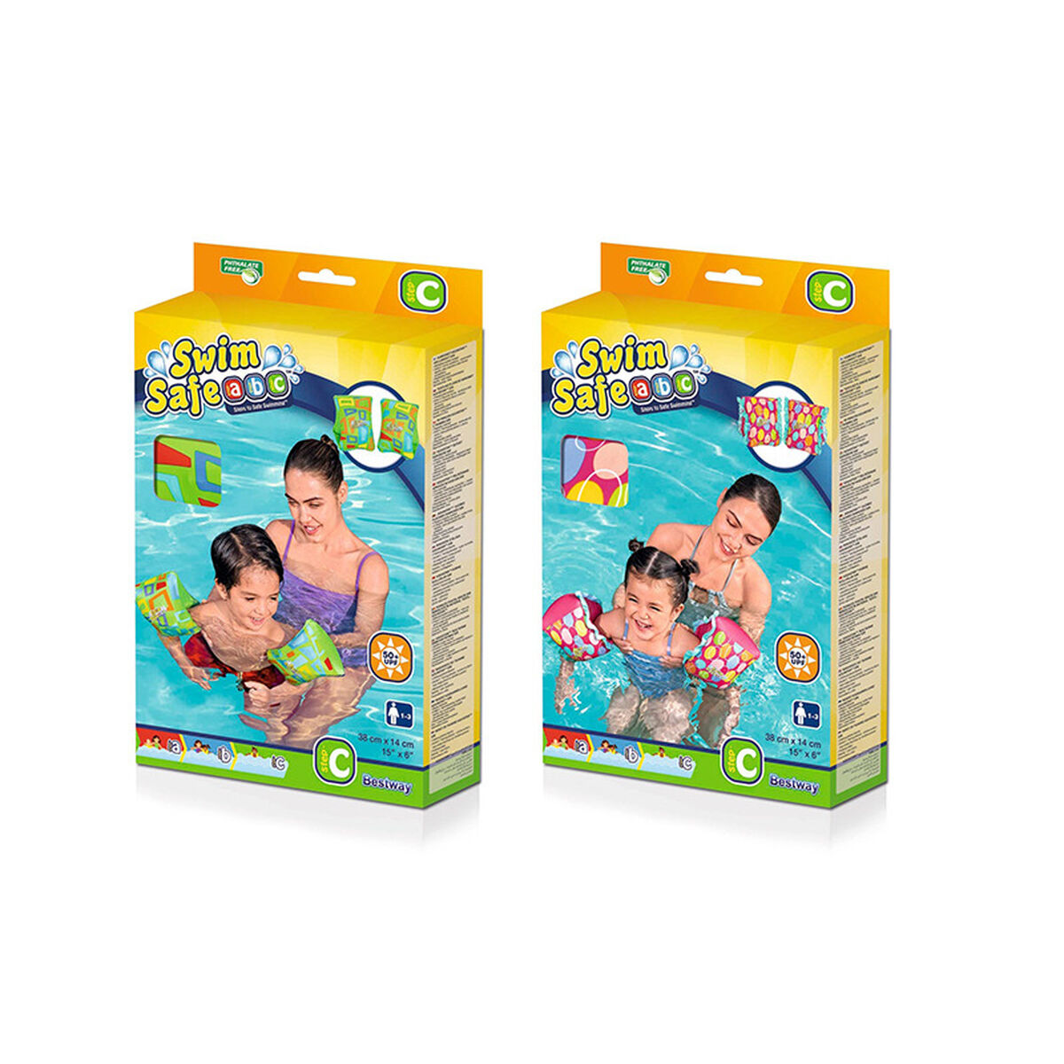 Due scatole di braccioli con diverse immagini di persone e bambini in acqua.
