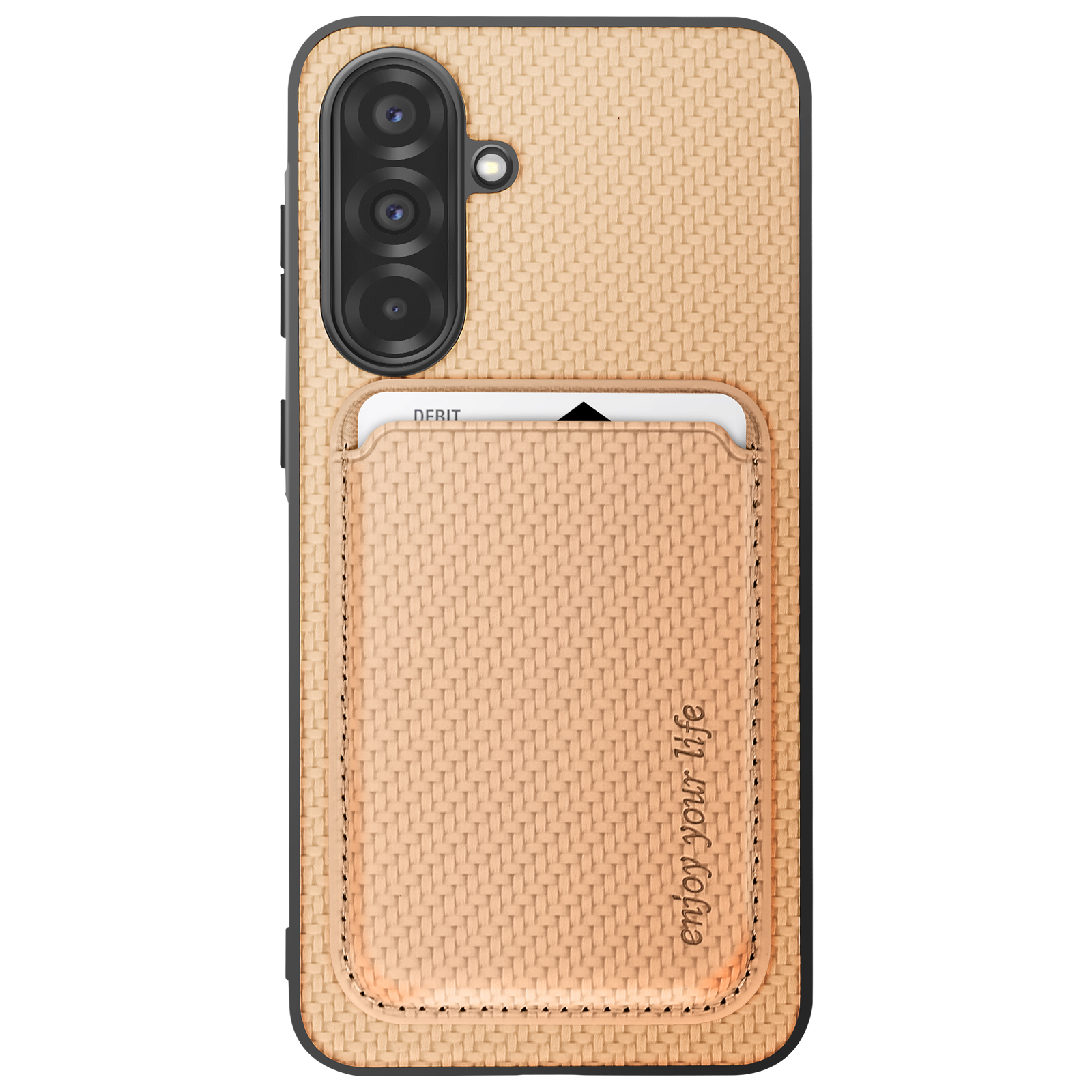 Custodia per telefono color cuoio con fessura per carte e la scritta 'enjoy your life'.