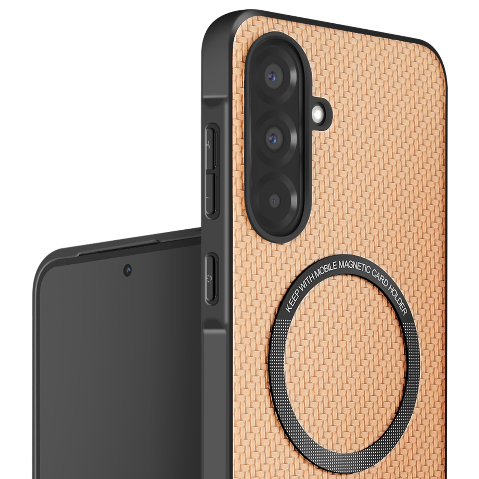 Una custodia per telefono con un motivo intrecciato e un porta carte magnetico collegato.