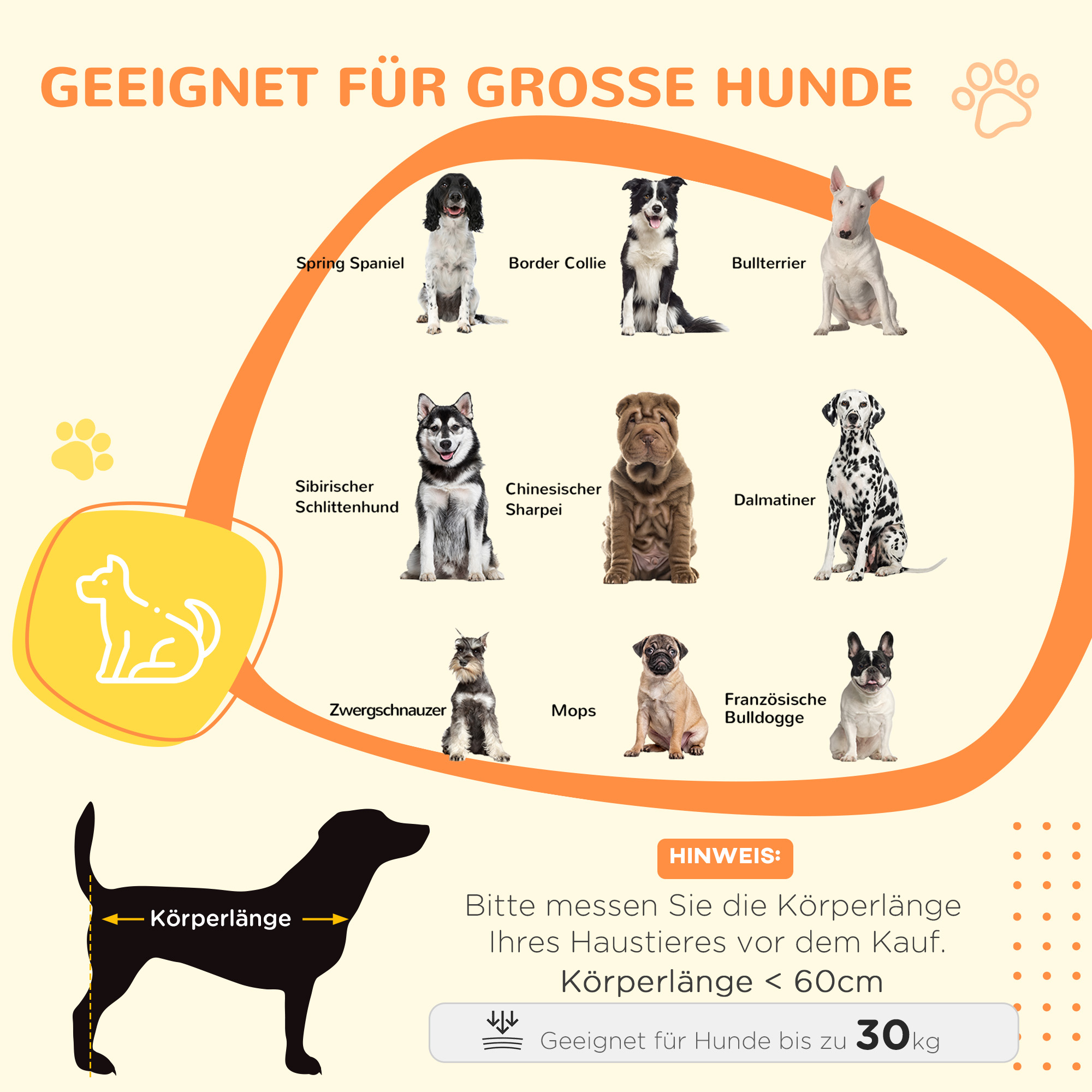 Ein Bild von Hunden und einer Hundesilhouette. Text sagt 'GEEIGNET FUR GROSSE HUNDE' und 'Körperlänge'.