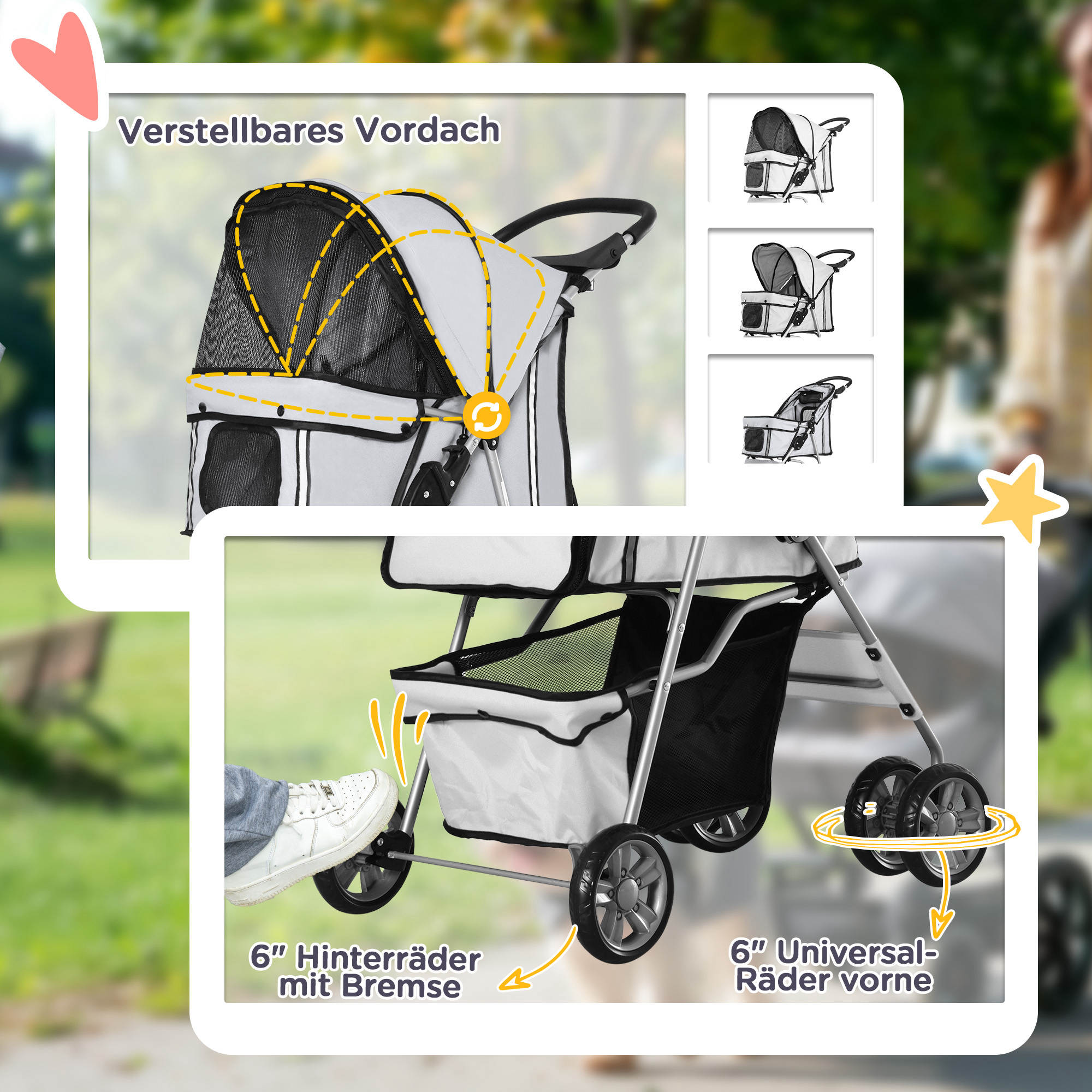 Ein Haustier-Kinderwagen mit verstellbarem Verdeck und verschiedenen Funktionen wie Fußbremse und Schwenkrädern.
