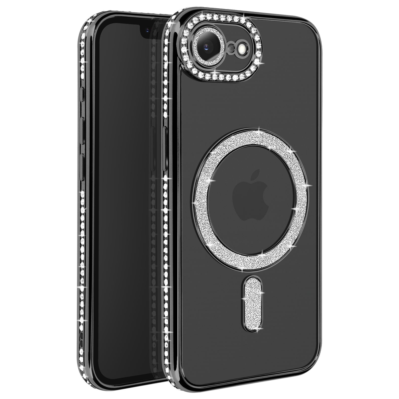 Een zwarte telefoonhoes met zilveren strass-steentjes rond de camera en een cirkelvormig ontwerp op de achterkant.