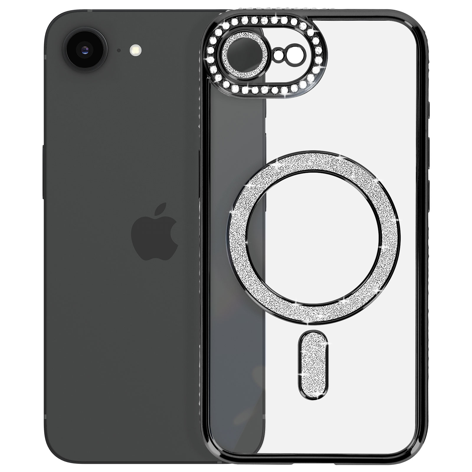 Een zwarte iPhone met een doorzichtige hoes met glitters rond de camera en een magsafe ring.