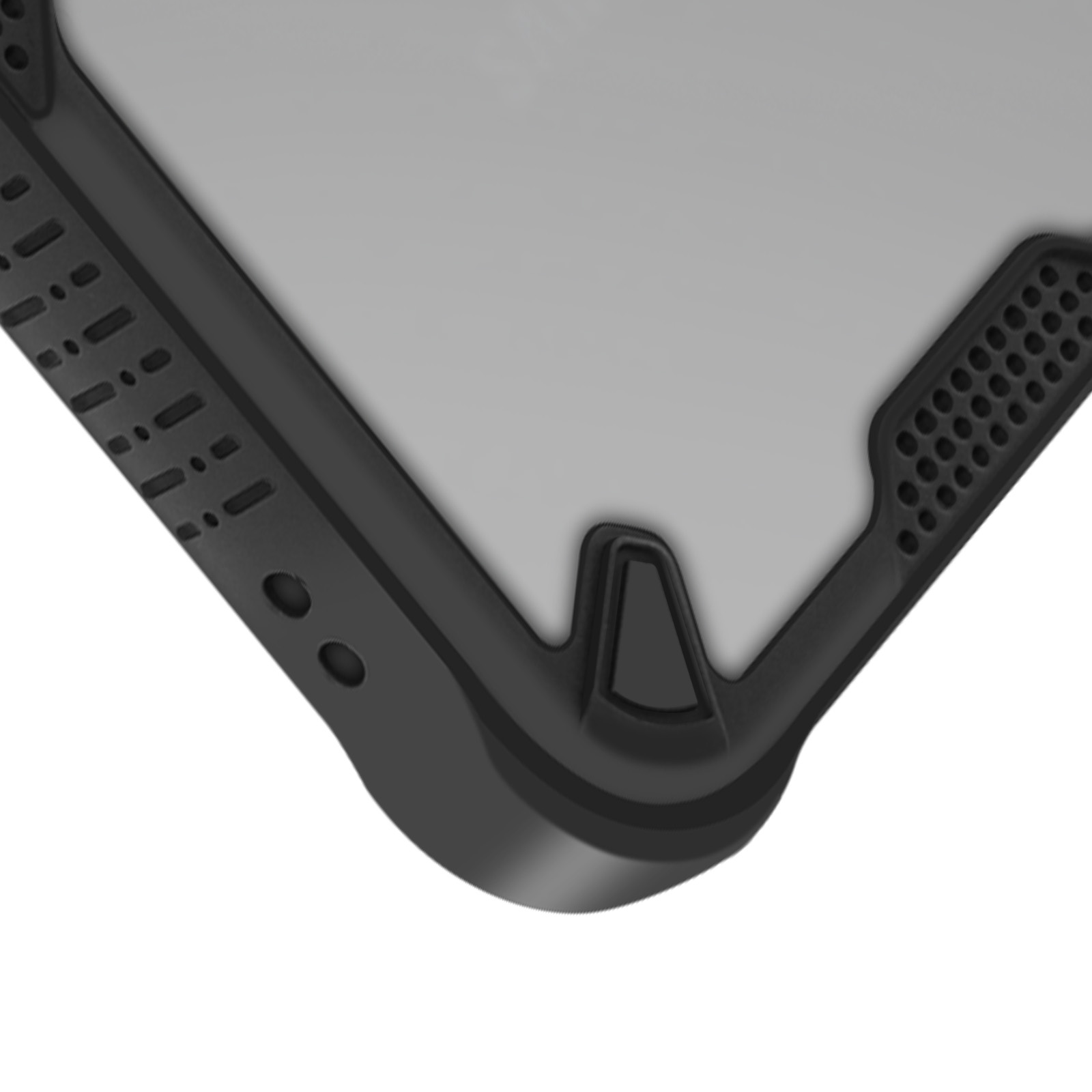Nahaufnahme der Ecke einer schwarzen Handyhülle, die das Design und Material zeigt.