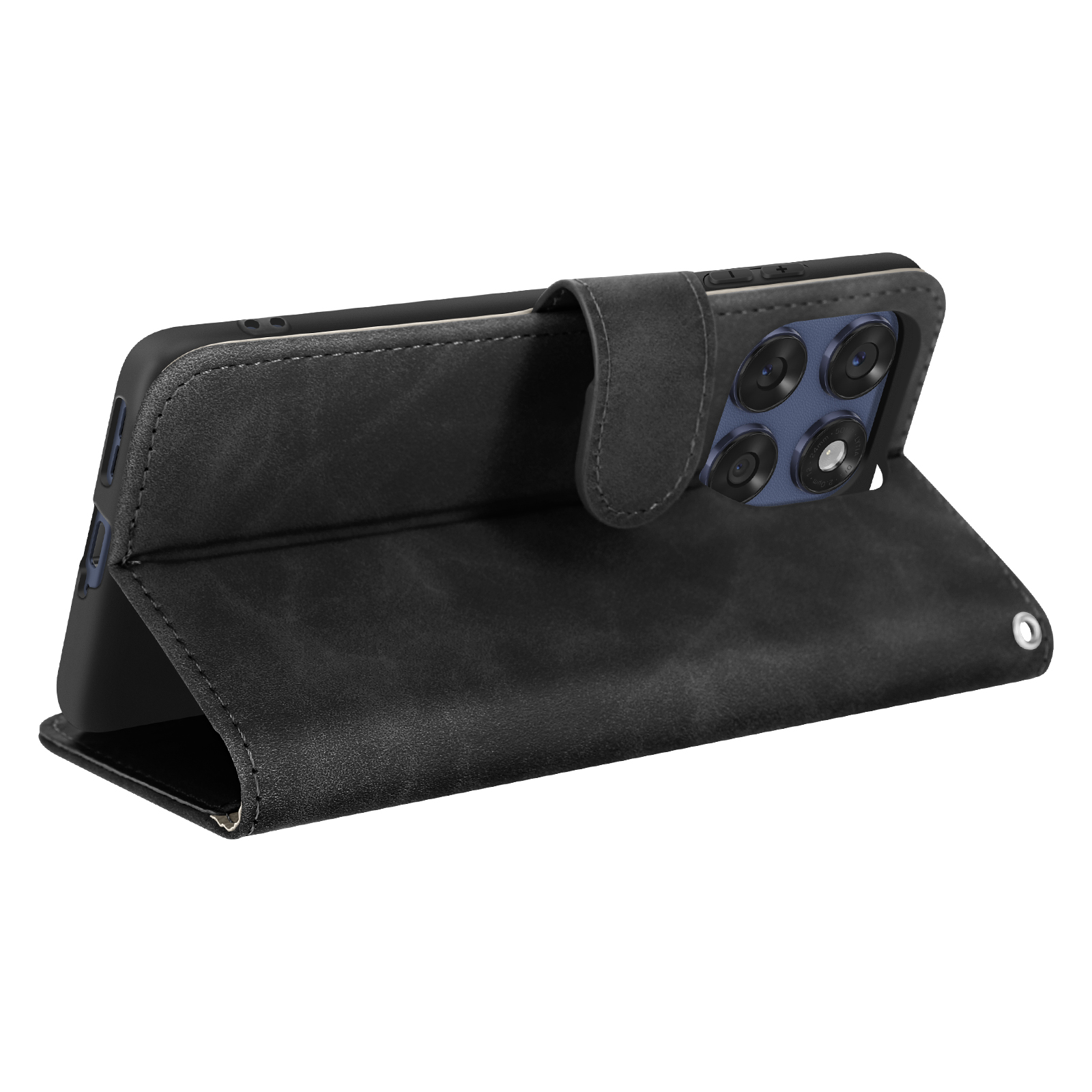 Eine schwarze Leder-Handyhülle, geöffnet, mit einem Telefon und seinem Kamera-Layout.