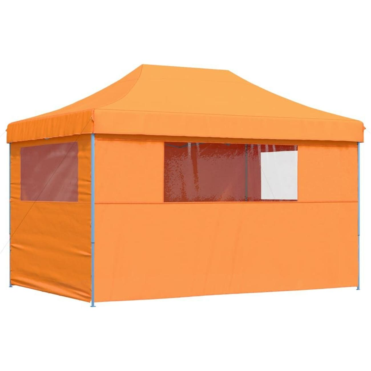 Orangefarbenes Pop-up-Zelt mit transparenten Fenstern.