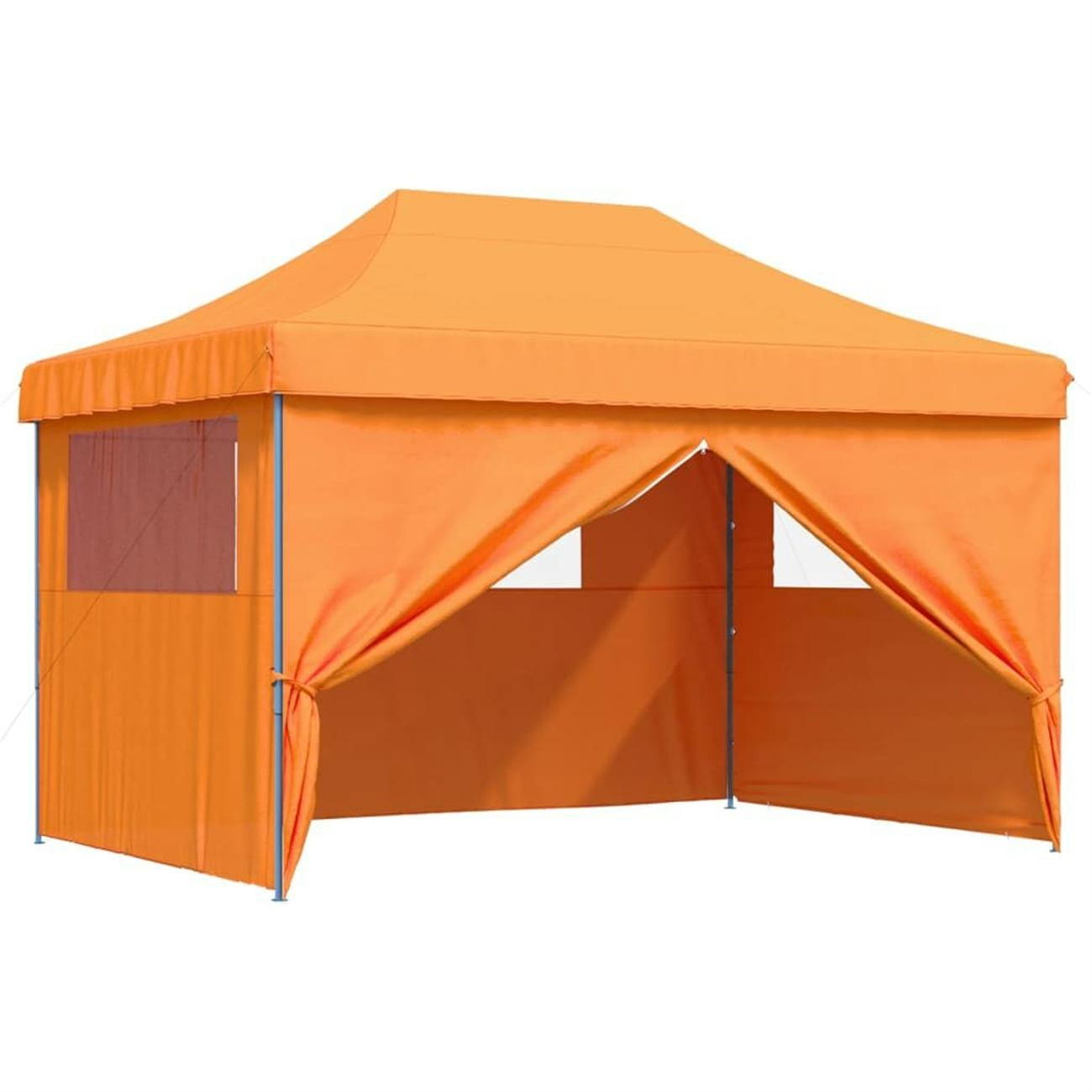 Ein orangefarbenes Pop-up-Zelt mit silbernem Rahmen, im Freien aufgebaut mit offenen Eingängen.