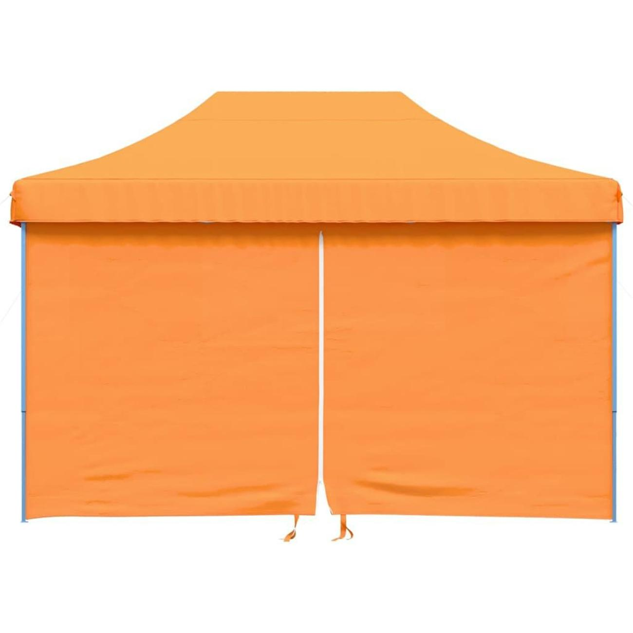 Orangefarbenes Pop-up-Zelt mit geschlossener Front.