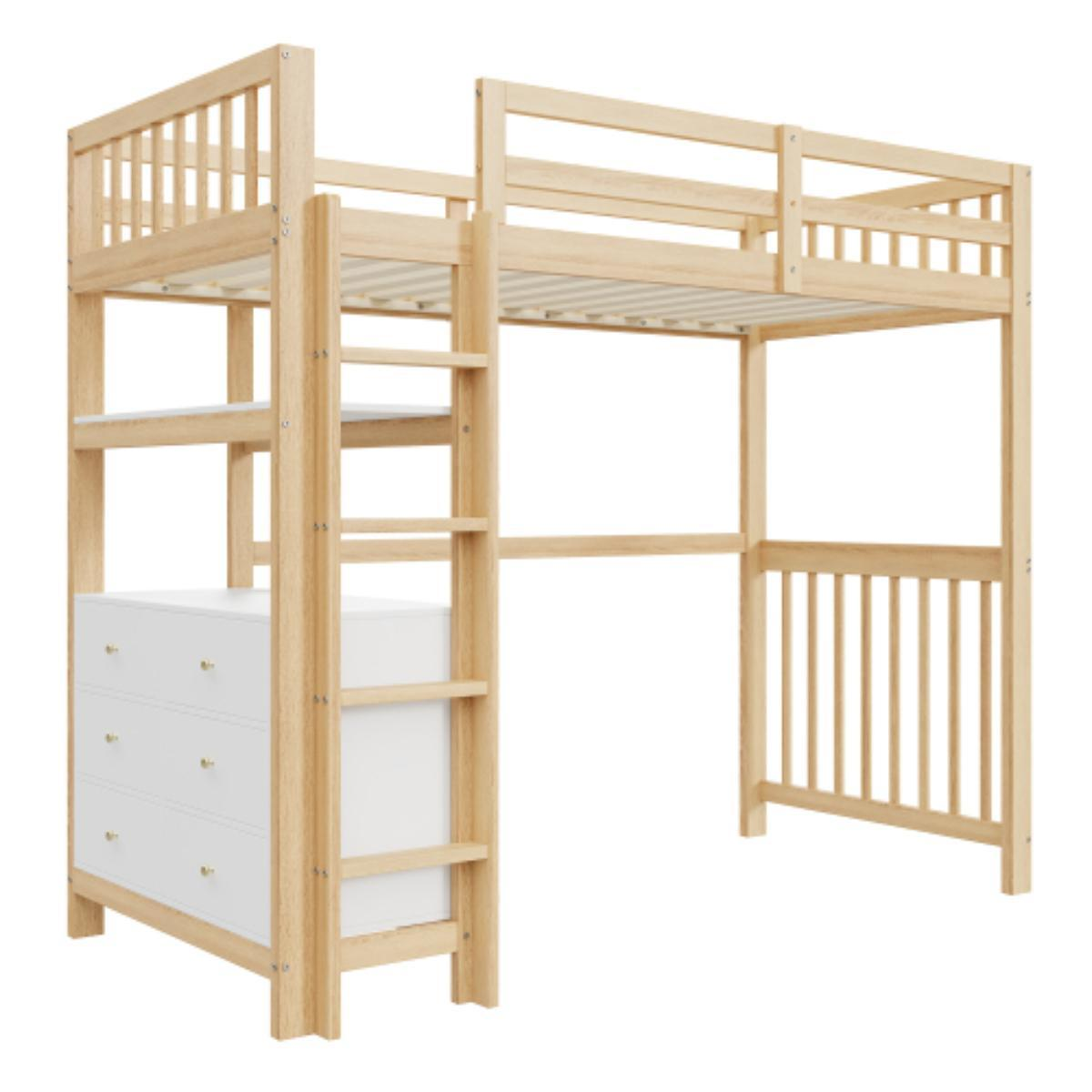 Etagenbett aus Holz mit Kommode und Leiter. Hellfarbiges Holz.