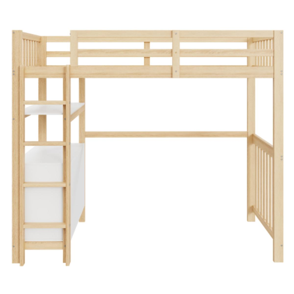Holz-Hochbett mit Leiter und Geländer, weißer Hintergrund.