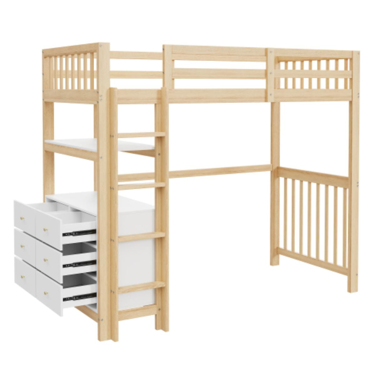 Hochbett mit Schubladen, Leiter und Schreibtisch; helles Holz, weiße Schubladen.