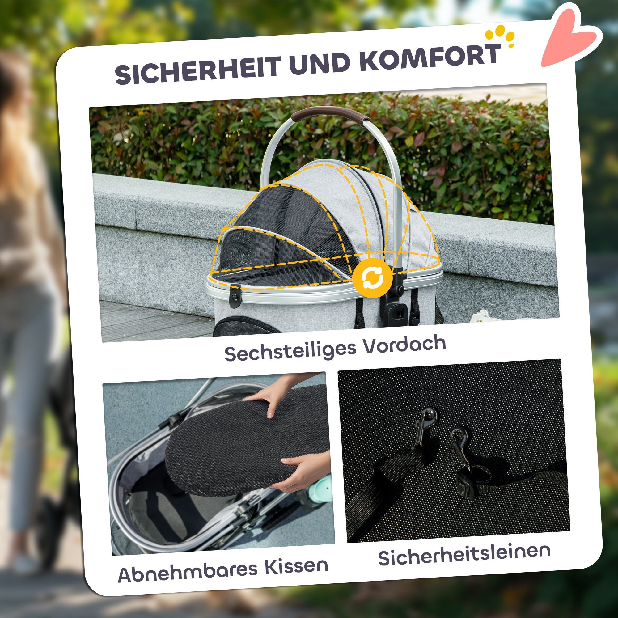 Details zum Haustier-Kinderwagen: Verdeck, herausnehmbares Kissen, Sicherheitsleinen.
