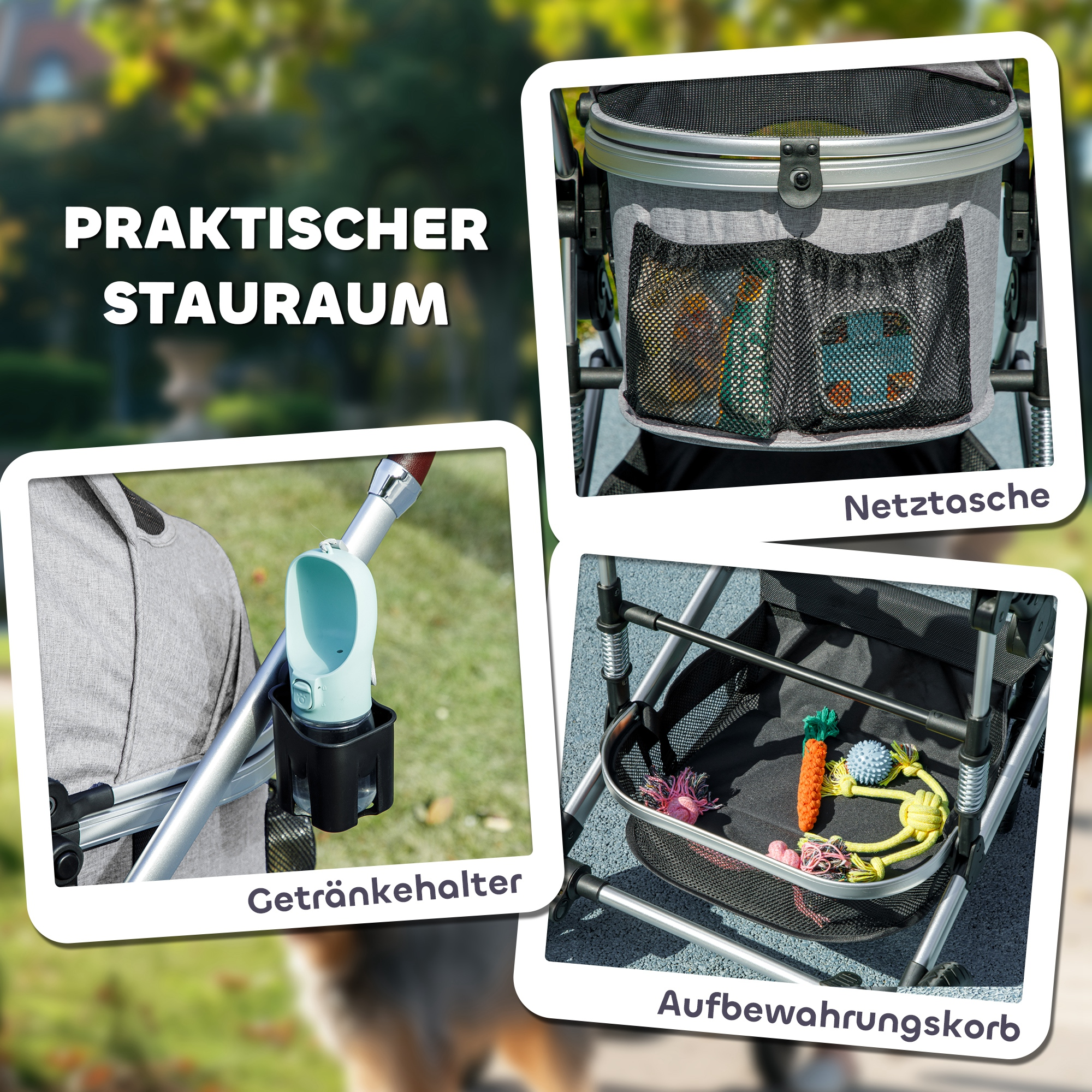 Collage: Tierkinderwagen mit Stauraum, Getränkehalter und einem Korb mit Spielzeug.