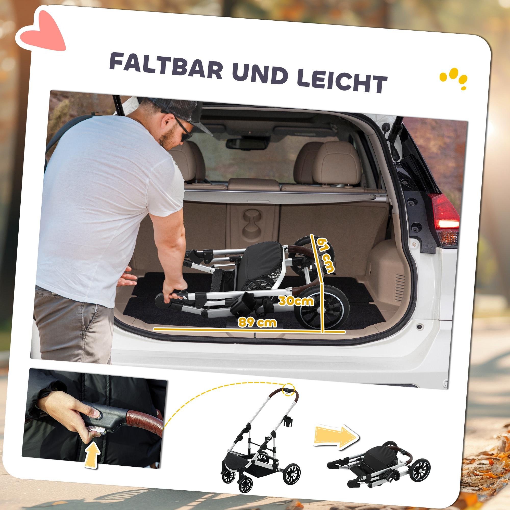 Mann faltet einen Tierkinderwagen im Kofferraum. Abmessungen sind angegeben.